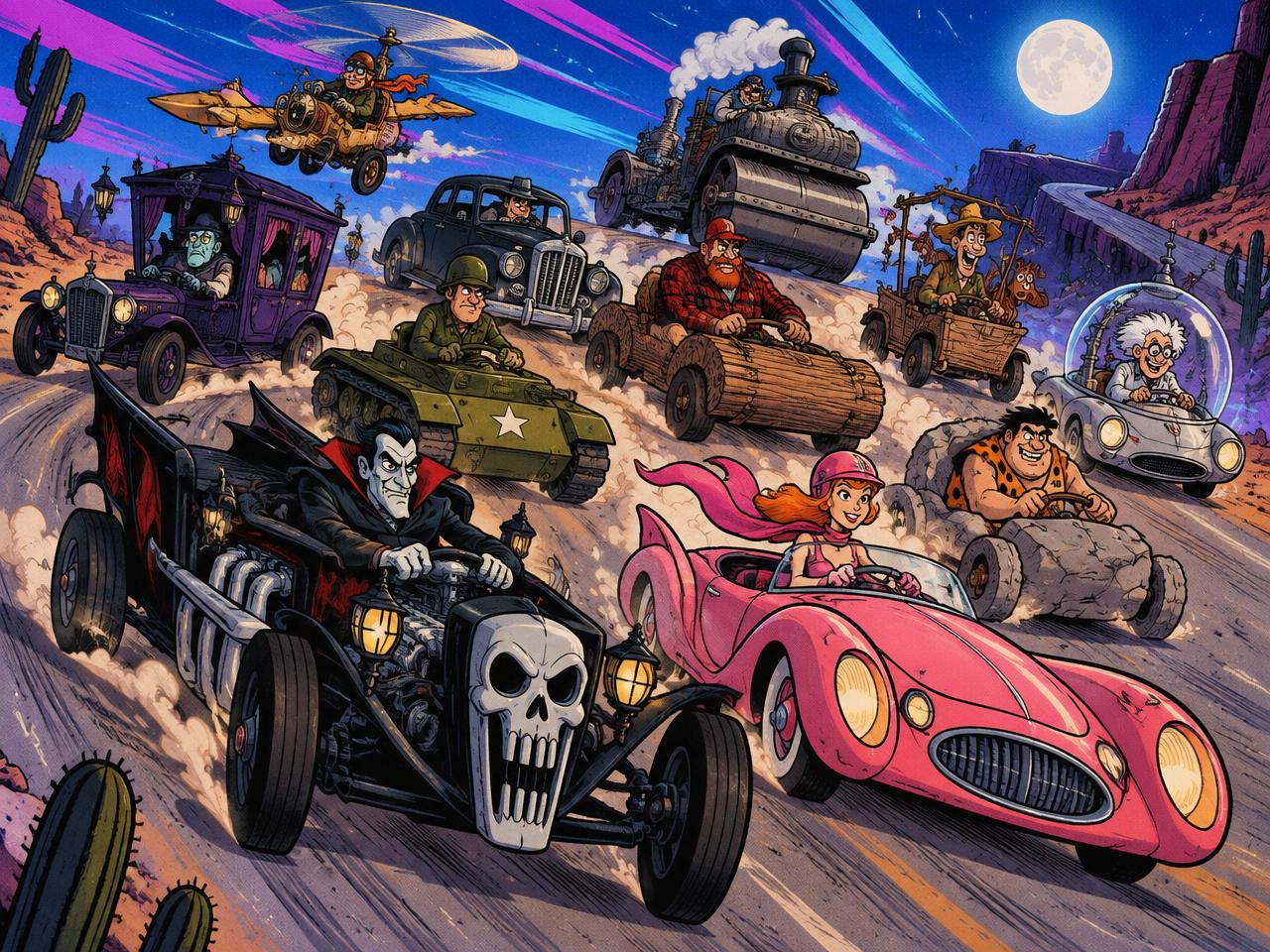 Original fan art of eccentric fantasy cars racing through the desert